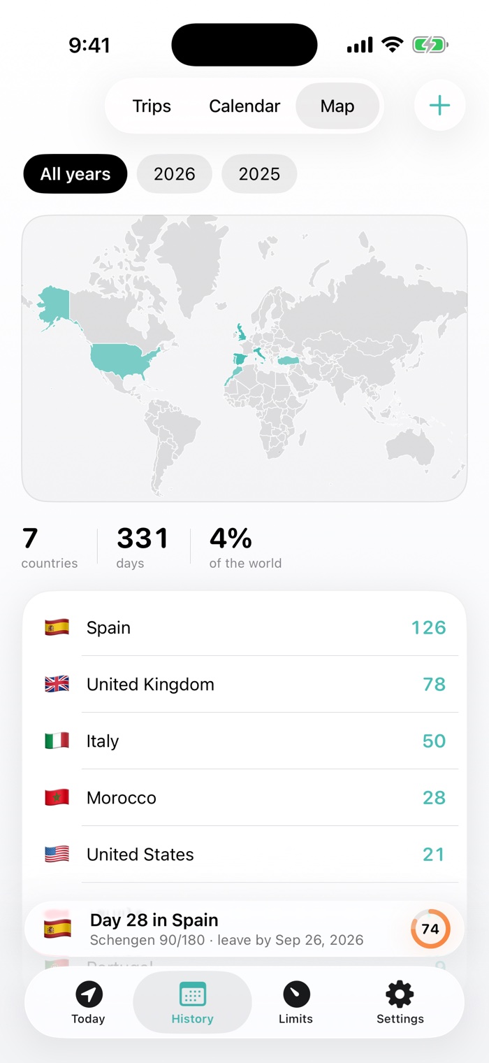 The map of countries visited, with a per country day count underneath